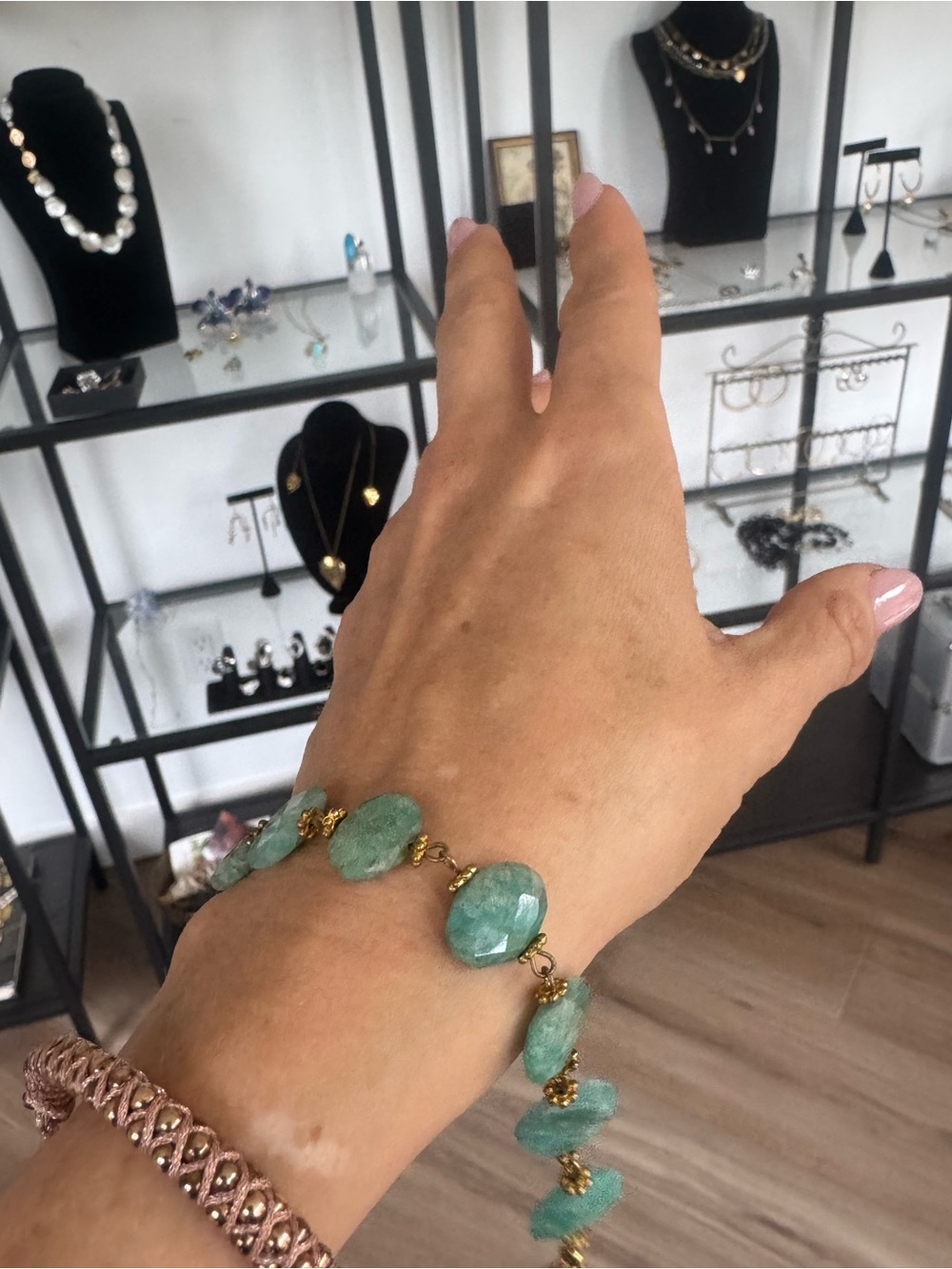 Rachel Reinhardt Faceted Amazonite Gemstone Bracelet Gold Tone